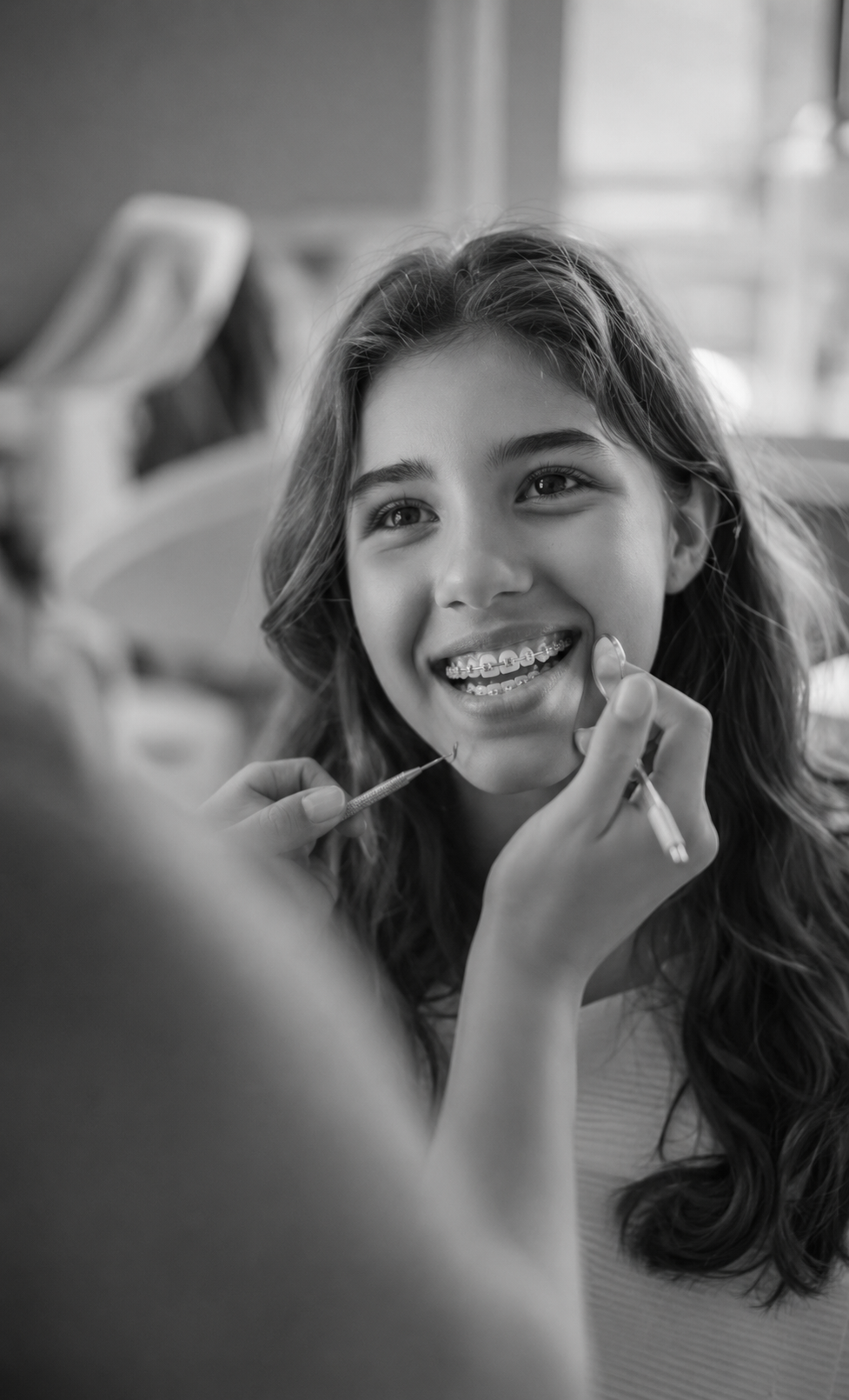 Teen patient smiling while cleaning her braces